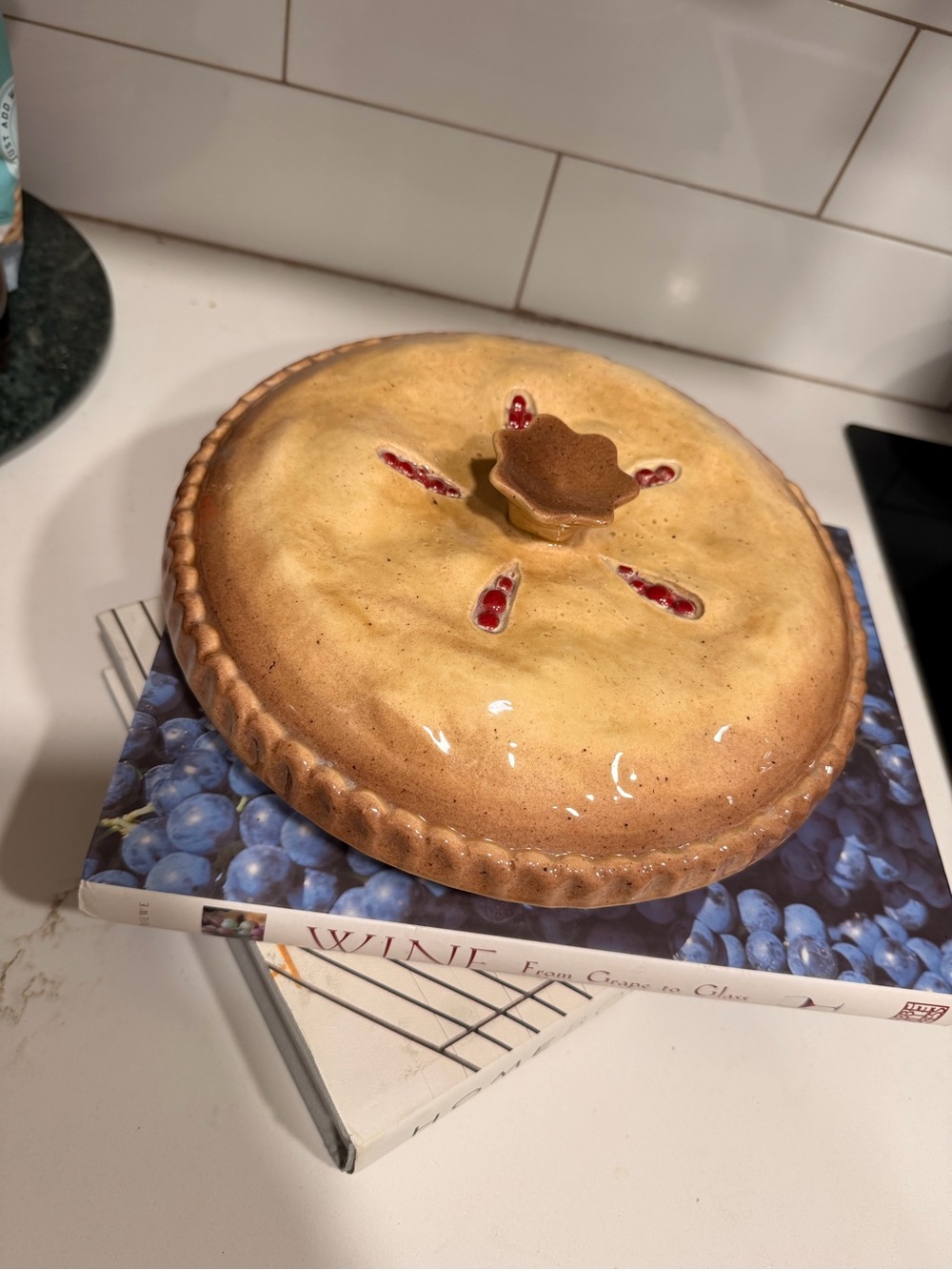 Ceramic Cherry Pie Dish Cover in Tan vintage